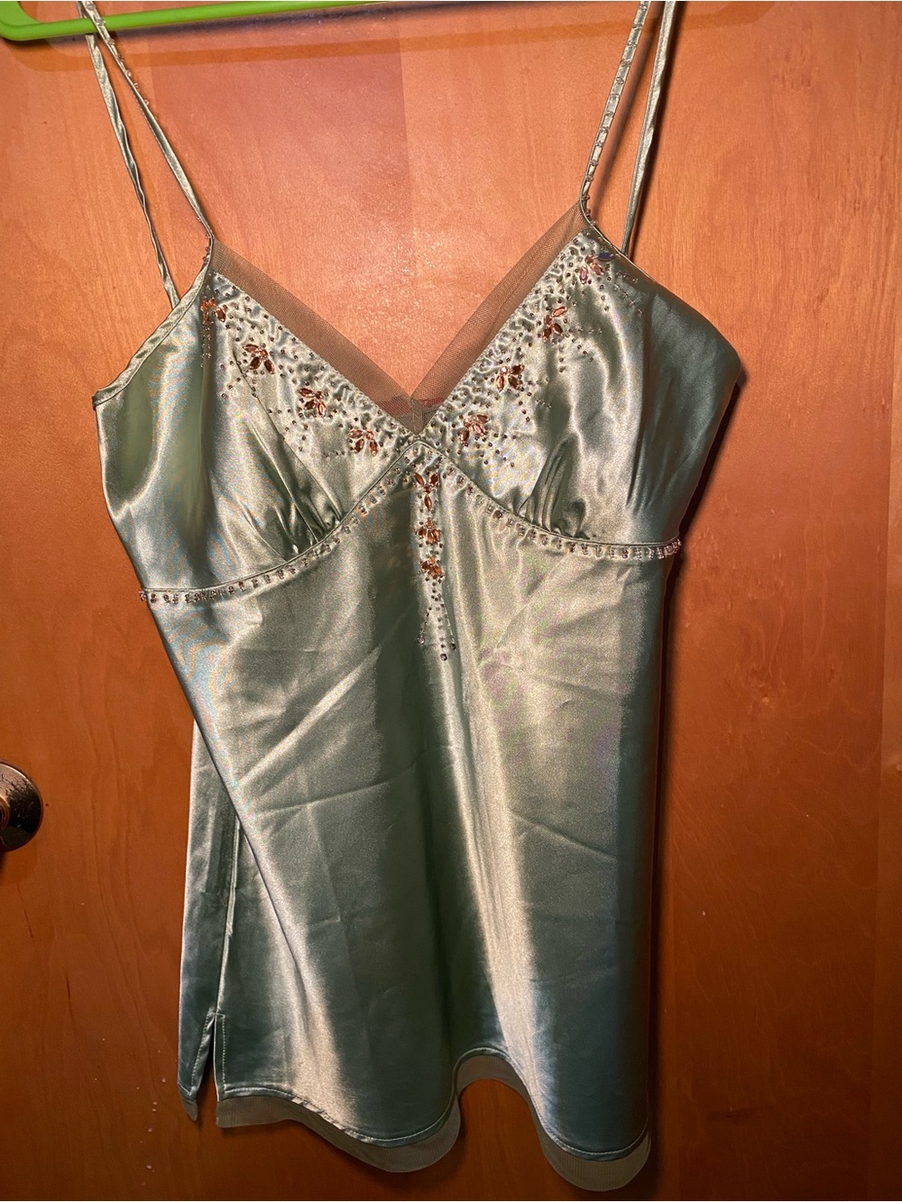 Satin Beaded Slip Chemise in Sage Green